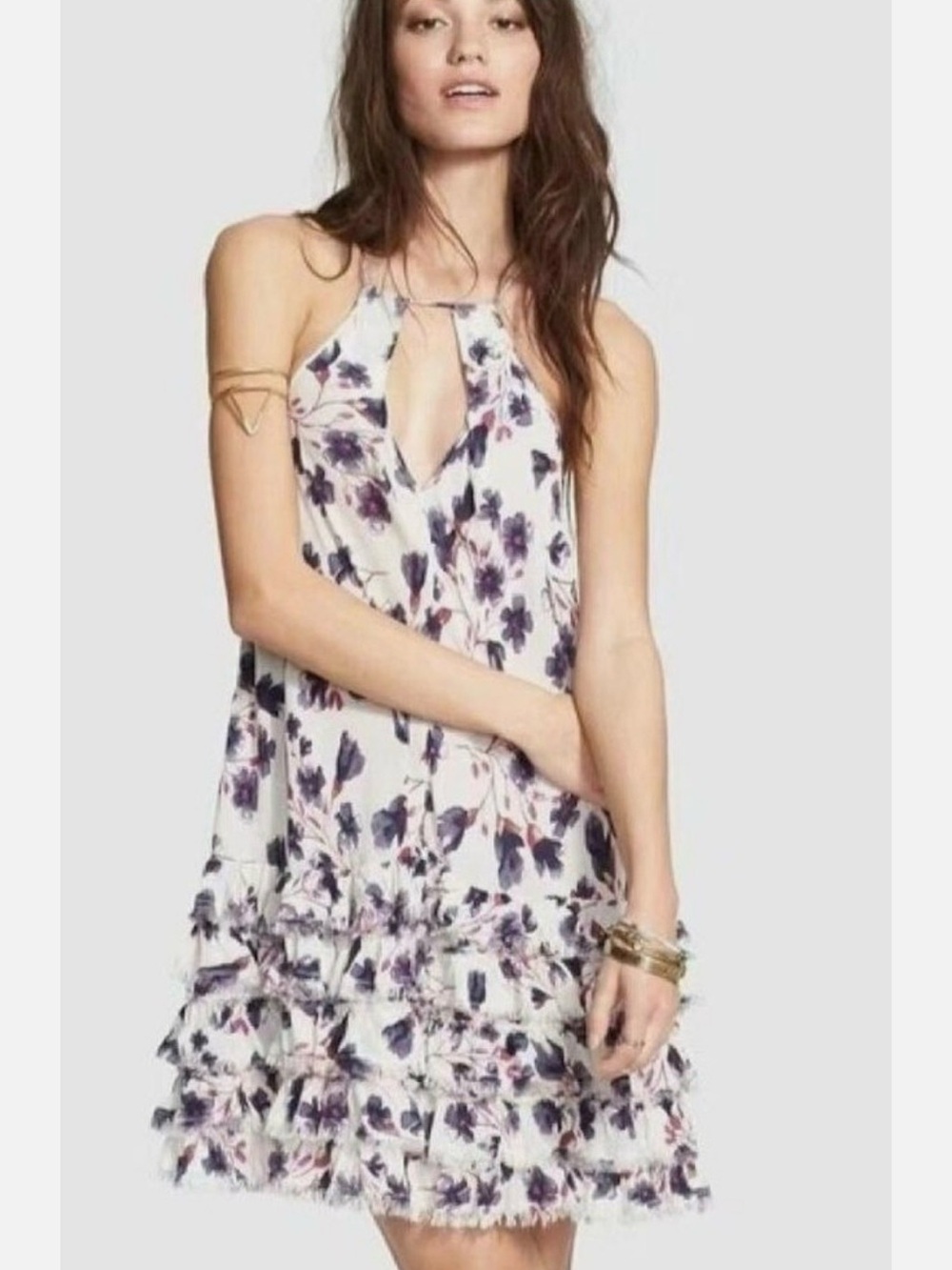 Free People Women’s Floral Feather White Purple Ruffle Mini Dress Size Small